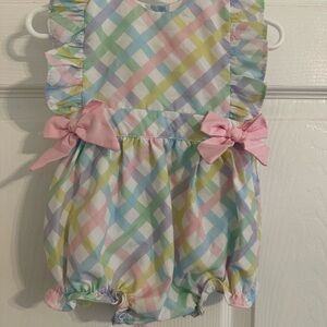 Pastel Plaid Baby Romper with Pink Bows